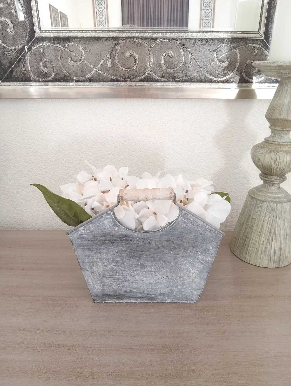 New! Bohemian Farmhouse Hydrangea Metal Container Floral Home Deco Arrangement
